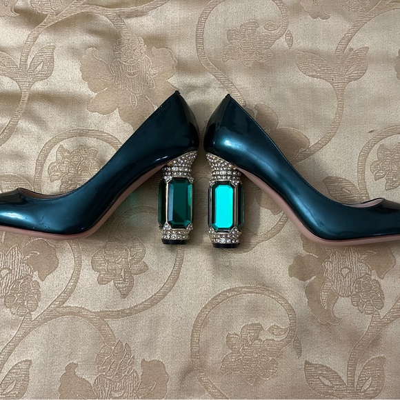 FSJ Women Pointed Toe Chunky Block Crystal High Heel Emerald Green - Picture 3 of 4